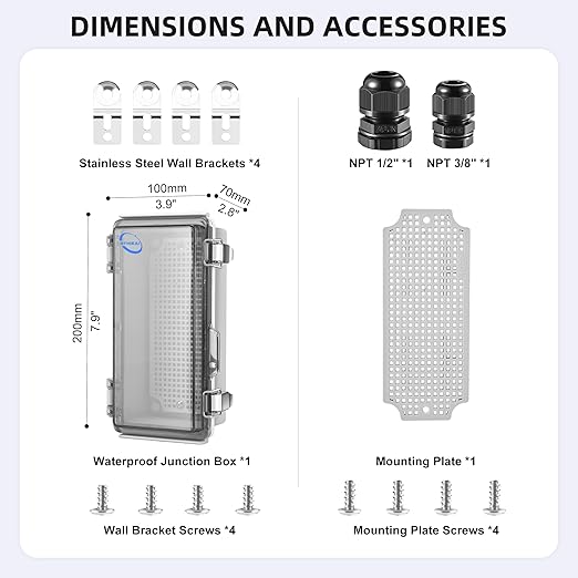 Waterproof Outdoor IP67 Junction Box (7.9"x3.9"x2.8") with Mounting Plate, Hinged Clear Cover and Wall Brackets - Weatherproof ABS Plastic Electrical Enclosure for DIY Projects (200x100x70mm)