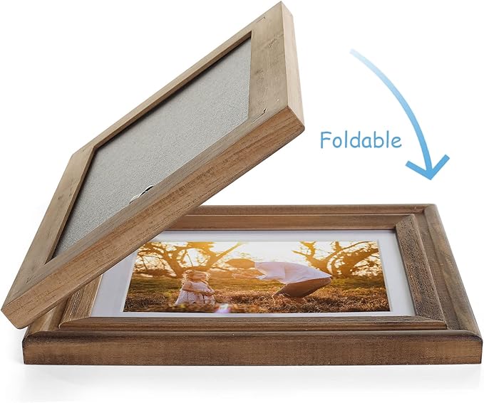 5X7 Double Wooden Hinged Picture Frame Vertical and Horizontal in Distressed Farmhouse Wood Grain, Display 4x6 with Mat or 5x7 without Mat, Folding Photo Frame with Real Glass Front for