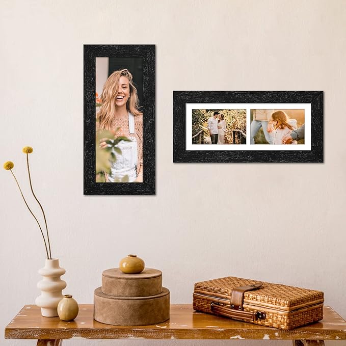 6x15 Picture Frame Display 2 opening 5X7 Double Picture Frame Collage,Multi Photo Frame with Mat,Plexiglass,Horizontal and Vertical Formats for Wall Decor,Black Wood Grain