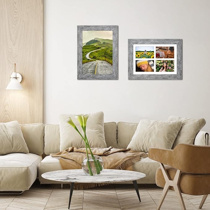 9x13 Picture Frame Display 4 opening 4X6 Picture Frame Collage,Multi Photo Frame with Mat,Plexiglass,Wall or Tabletop Decor,Grey Wood Grain
