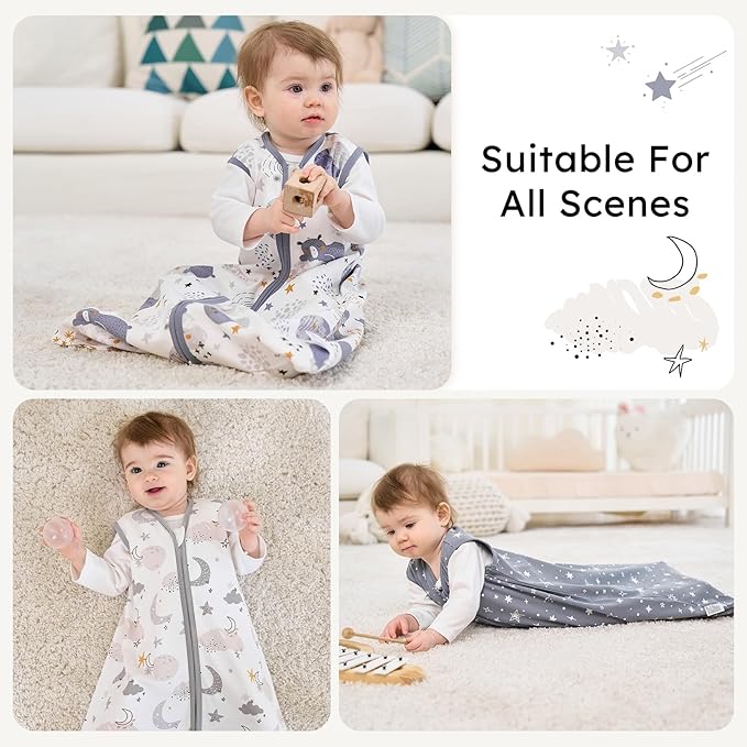 Baby Sleep Sack 12-18 months, 100% Cotton Sleeping Sack for Newborn and Infant, 3 Pack Baby Wearable Blanket for Boy and Girl, 0.5 Tog Lightweight Double Zipper Sleep Bag Grey Moon Bear