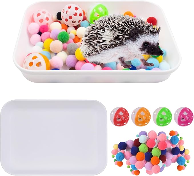 2 Set Hedgehog Dig Box Tray Set, Including Multicolor Furry Balls and Ball Bell Toy, Enrichment Toy Hedgehogs Cage Accessories for Hamster Guinea Pig Ferret Kitten