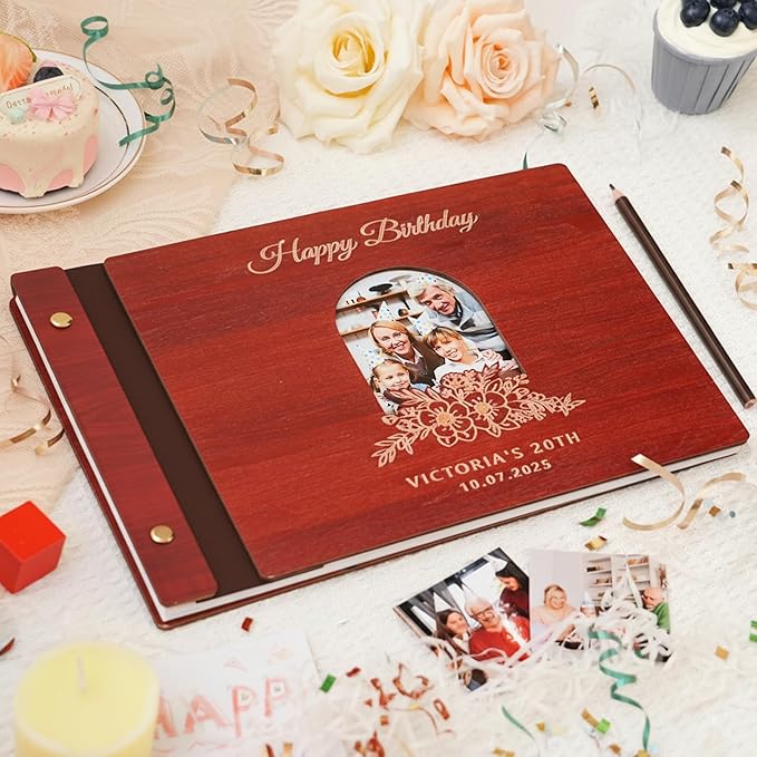 Personalized Wooden Photo Album, Memory Books for Keepsakes, Custom Pets Birthday Scrapbook Craft Kit, DIY Birthday Journal Granddaughter Memory Family Unique Gift