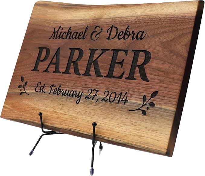 Personalized Cutting Board Wedding Gift Elegant Walnut Polished Live Edge Wood Display Custom Engraved Rustic Unique Anniversary Bride Groom Newlywed Couple Parents Housewarming (Wedding Branches)