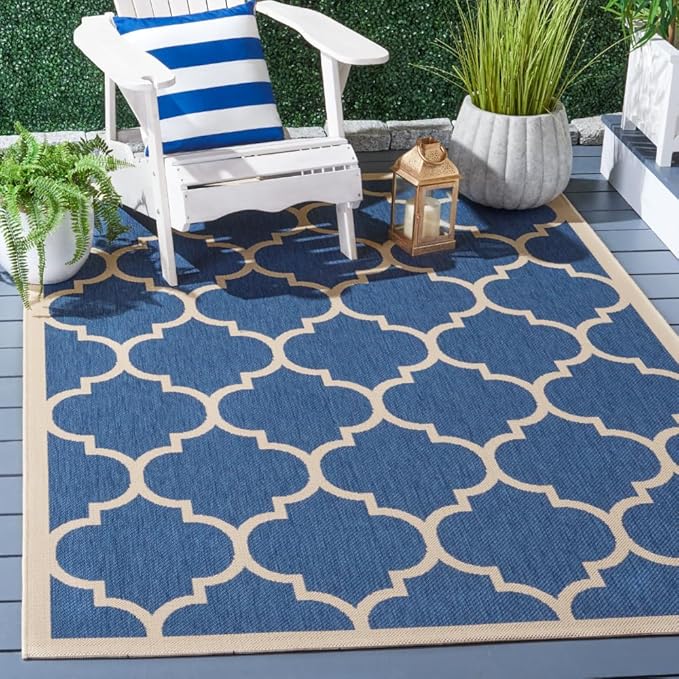 SAFAVIEH Washable Rug Outdoor Courtyard Collection - 4' x 5'7", Blue & Beige, Non-Shedding & Easy Cleaning, Ideal for Patio, Backyard, Mudroom (CY6914-243)