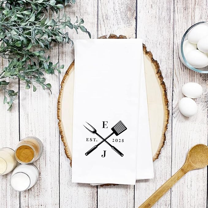 Andaz Press Personalized Flour Sack Tea Towel, Couples Monogram Initials Custom Kitchen Towel, Wedding & Housewarming Gift, Bridal Shower Farmhouse BBQ Hand Towel