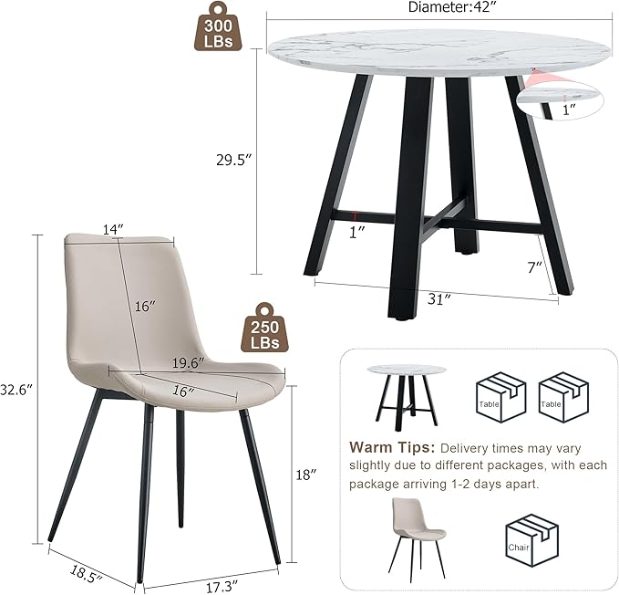 Round Dining Table Set for 4, Round Kitchen Table and Chairs Set for 4, 42 Inch Modern White Circle Dining Table Set of 4 with Upholstered PU Leather Chairs for Small Space Kitchen Living Apartment