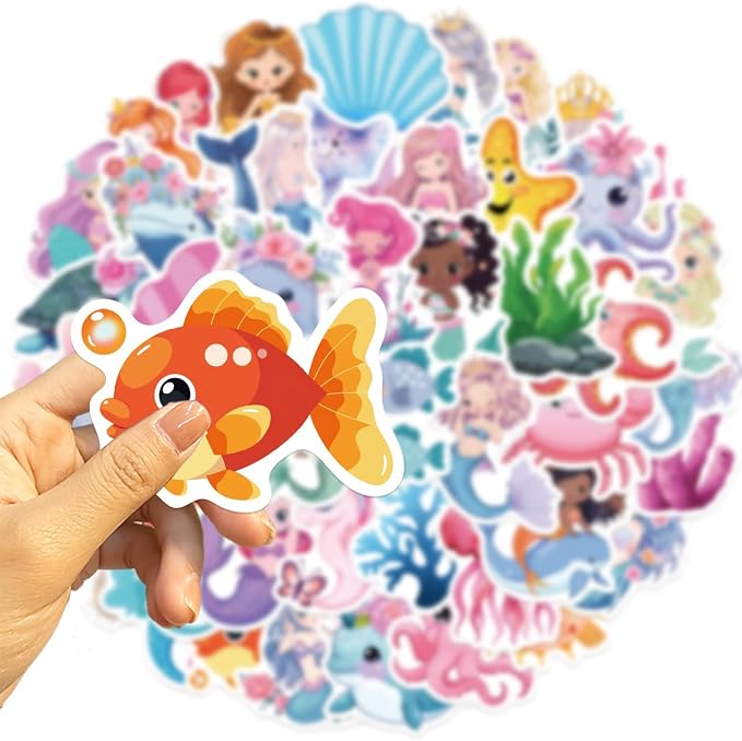 50Pcs Mermaid Sticker, Cute Marine Organism Stickers for Kids Teens Adults, Vinyl Cartoon Pink Animals Decals Kawaii Sticker for Decor Water Bottles Laptops Guitar Scrapbook (Mermaid)
