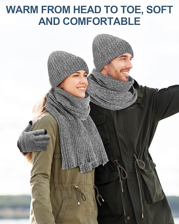 Geyoga 6 Pcs Winter Knit Set Beanie Hat Long Scarf Touchscreen Gloves Ear Muff Socks Warm Valentine Gift for Women Men Snow(Gray,Classic Style)