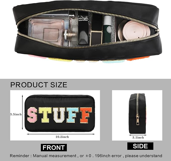DYSHAYEN Nylon Cosmetic Bag Preppy Makeup Stuff Bag for Women Travel Toiletry Organizer with Chenille Letter Patches (Black-STUFF)