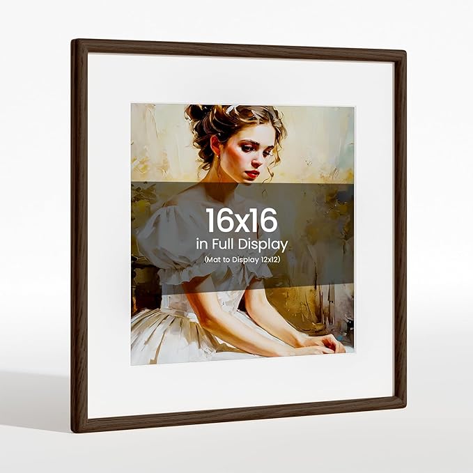 16x16 Picture Frame Natural Oak Wood From California-USA Walnut Color Finished Handcrafted 16 x 16 Photo Frame Matted to 12x12 Photo with Real Tempered Glass,for Family,Graduation Display Table & Wall