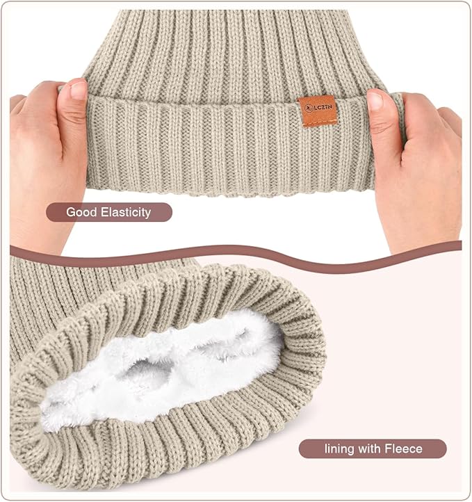Womens Winter Beanie Hat Gloves Set,Fleece Lined Warm Knit Pom Pom Ski Hat Touchscreen Gloves Set Gifts for Cold Weather