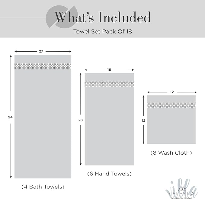 100% Cotton Bath Towel Set of 18-4 Bath Towels, 6 Hand Towels, 8 Wash Cloths, Sustainable, Soft, Highly Absorbent, Combed Cotton 18 Piece Set for Hotels, Spa, Bathroom, Dorm, Silver