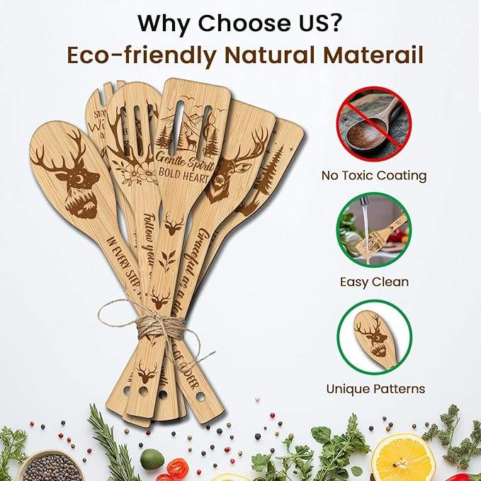 CUTHOLLOW 6PCS Deer Wooden Kitchen Cooking Utensil Set, 11.9in Non Toxic Bamboo Wood Spoon Set for Cooking, Best Housewarming Birthday Thanksgiving Christmas Gift for Women Mother