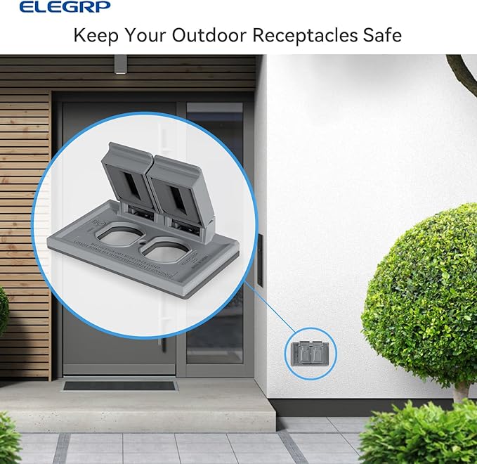 ELEGRP Horizontal Outdoor Cover for Duplex Receptacles, 2-Hole Weatherproof Wall Plate, Outdoor Electrical Outlet Cover, Standard Size 1-Gang 4.55” x 3.02”, Thermoplastic, 2 Pack, Grey