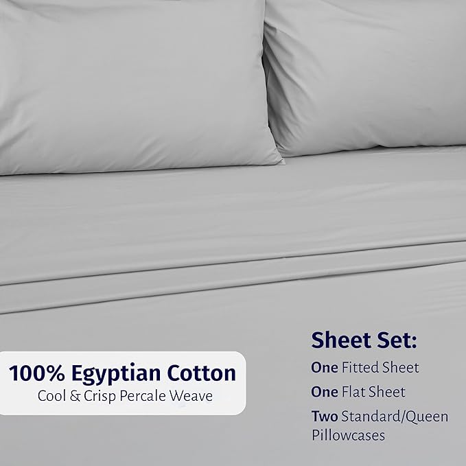 California Design Den Certified 100% Egyptian Cotton Sheets Queen Size Bed Set - Queen Sheet Set Percale with Deep Pockets, Lightweight, Crisp, Cool & Durable Luxury Bedding - Light Grey