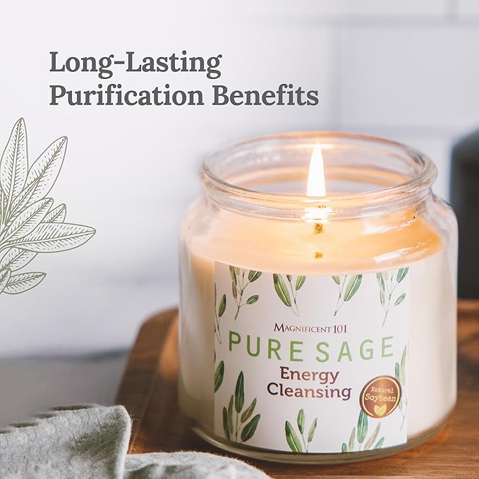 Magnificent 101 Pure Sage Energy Cleansing Aromatherapy Glass Candle for Meditation, Manifestation, and Intention-Setting - 14.5 oz with Lid, Natural Soy Wax and Essential Oil | 56-Hour Burn Time