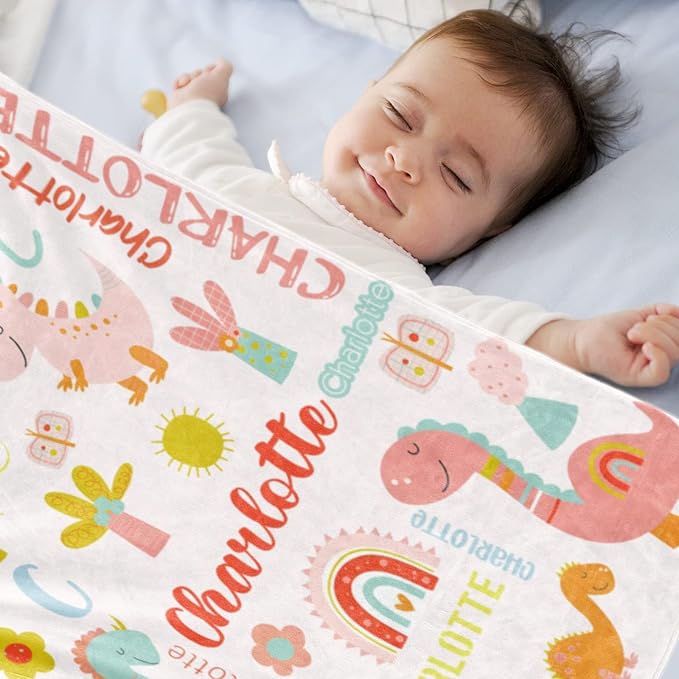 Personalized Dinosaur Blanket with Name for Girl, Custom Name Blanket for Kids, Soft Flannel Pink Dinosaur Toddler Blanket Customized Gift for Birthday Christmas Baby Shower Newborn Gift 60" X 80"