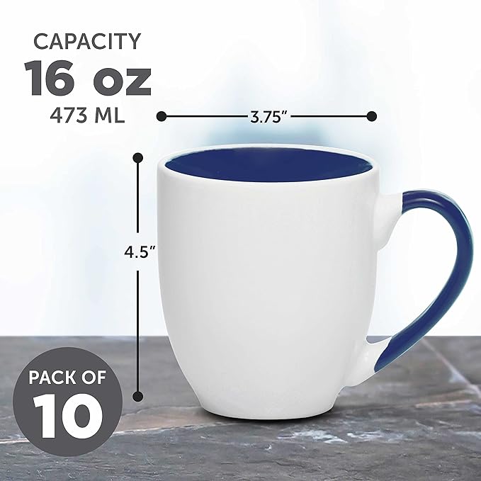 DISCOUNT PROMOS Bistro Style Large Coffee Mugs 16 oz. Set of 10, Bulk Pack - Perfect for Coffee, Tea, Espresso, Hot Cocoa, Other Beverages - Cobalt Blue