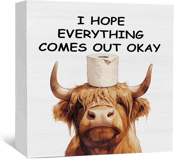 Highland Cow Bathroom Decor Sign, Funny Highland Cow Bathroom Decor, I Hope Everything Comes Out Okay Wood Decoration Bath Room Decor For Washroom Toilet Counter Shelf Table 5x5 Inch