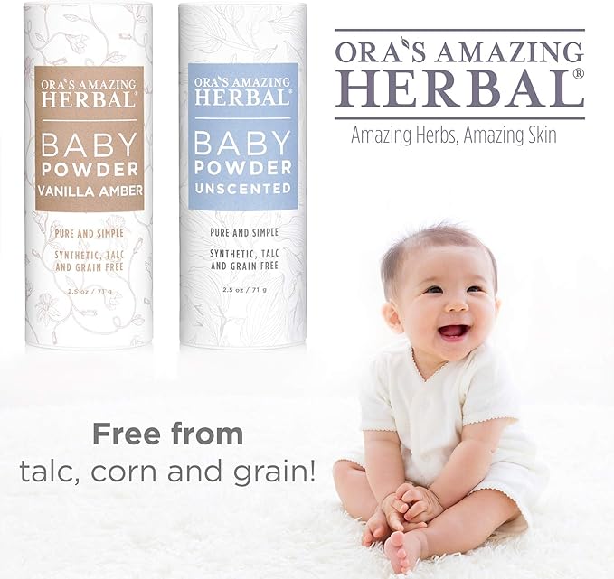 Ora's Amazing Herbal Baby Powder Talc-Free, Real Vanilla Amber Natural Scent, Cornstarch Free Arrowroot and Clay Based Powder, Synthetic Fragrance Free, 2.5 oz 3 Pack