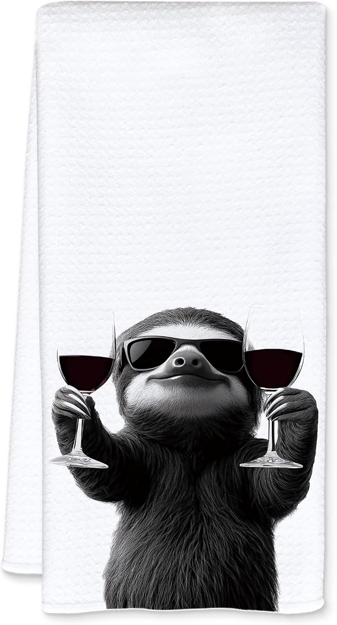 Funny Sloth Wine Kitchen Towels, Sloth Gifts Dish Tea Towels for Kitchen Decor, Bar Towel for Bartender Kitchen, Wine Lover Gifts, 16x24 Inch