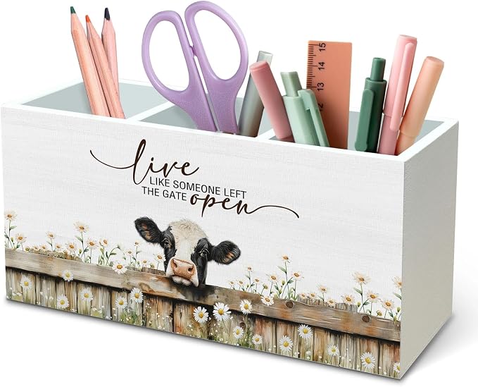 DILSJ Cow Inspirational Pen Pencil Holder Organizer for Desk, Cow Gifts for Women Men, Live Like Someone Left the Gate Open Wooden Box Signs for Home Office Desk Tabletop Decoration