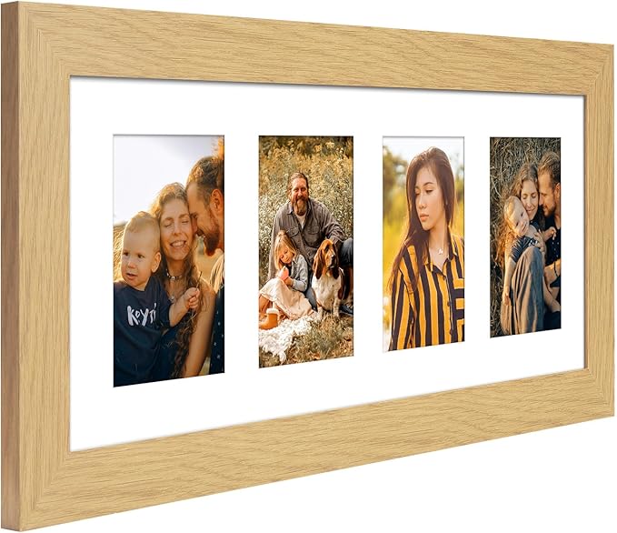 8x20 Picture Frame Display 4 opening 4X6 Picture Frame Collage,Multi Photo Frame with Mat,Plexiglass,Wall or Tabletop Decor,Natural Wood Grain