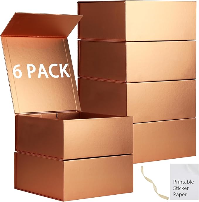 6 Pack Rose Gold Gift Boxes With Lids,9x9x4 Inch Bridesmaid Proposal Box And Printable Stickers,Proposal Boxes With Ribbon For Wedding, Packaging, Present, Birthday