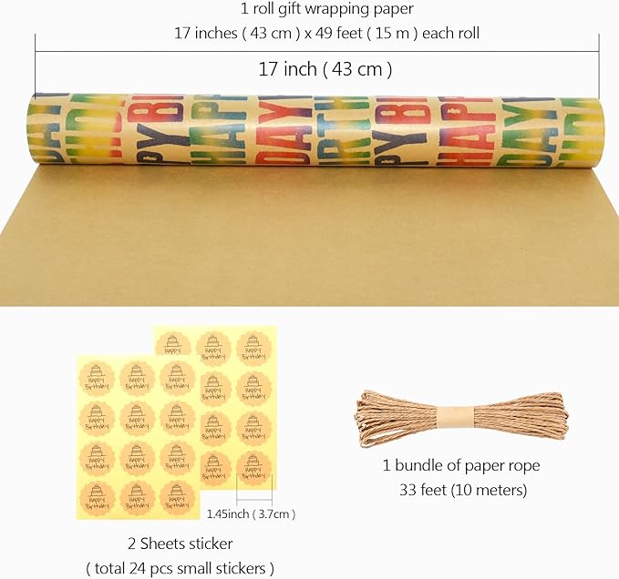 MAMUNU Birthday Wrapping Paper Roll, Colorful Happy Birthday Kraft Gift Wrapping Paper Jumbo Roll, Gift Wrap Paper Set for Boys Girls Men Women, 17 x 590 Inch