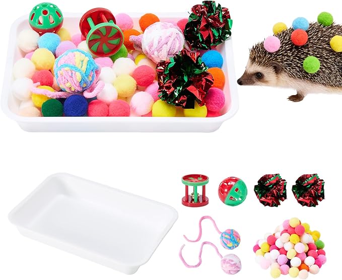 Dig-Box Tray for Hedgehog, Multi-Type Hedgehog Enrichment Set with Furry Ball and Jingle Bell, Hedgehogs Accessories, Ball Toys for Hamster, Kitten Cat, Ferrets and Small Animal