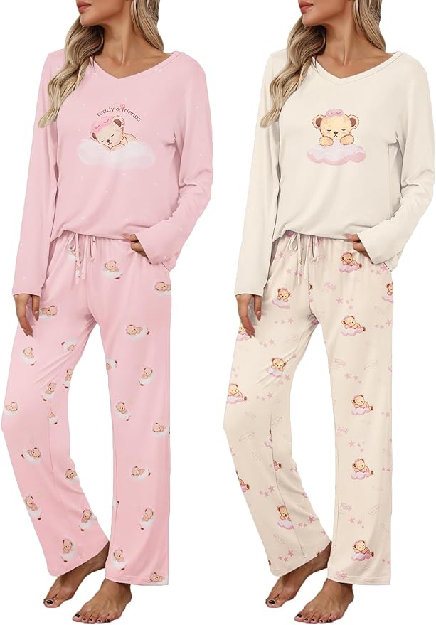 Ekouaer Womens 2 Pack Pajama Set Long Sleeve Pajamas Top and Pants V Neck Pjs Set Soft Loungewear with Pockets