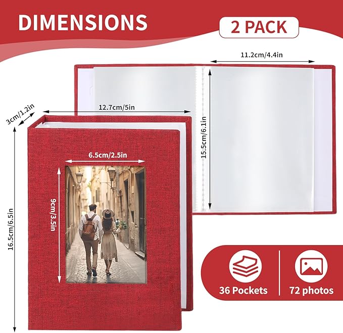 vivinin 2 Pack Photo Album 4x6, Linen Cover Photo Book, Small Photo Album Book for 36 Pockets Hold 72 Pictures, Picture Book for Photos Family Anniversaries Baby Vacations（Red）