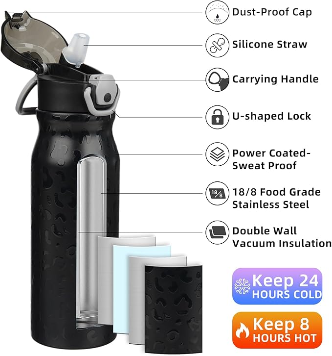 BJPKPK 25oz Insulated Water Bottle with Straw Stainless Steel Double Wall Water Bottles BPA Free Leak Proof Thermal Flask with Lockable Flip Lid and Soft Silicone Spout,Black Leopard