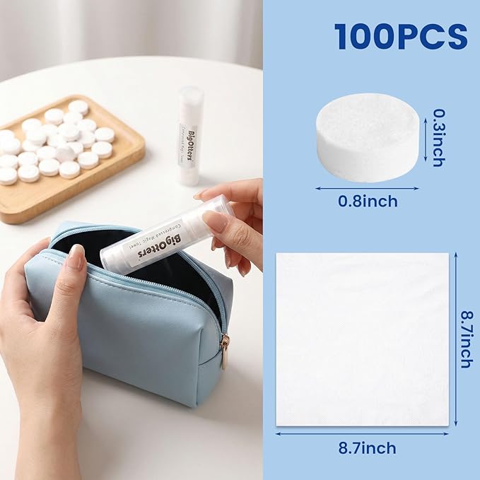 BigOtters Compressed Towels, 100PCS D isposable Face Towels for Travel Expandable Wipes Tablets with 2PCS Tube Containers for Survival Gear and Supplies Outdoors Camping Hiking Hotel