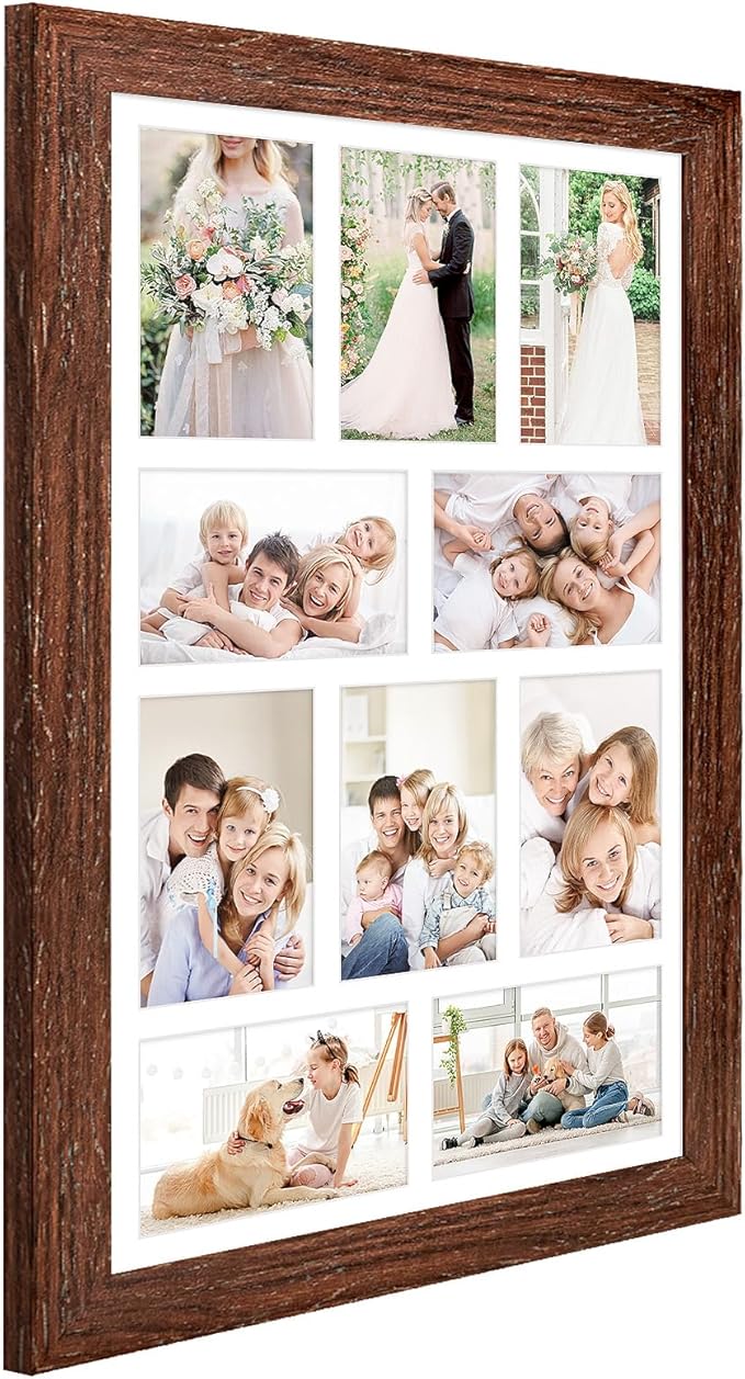 13x21 Picture Frame Display 10 opening 4X6 Picture Frame Collage,Multi Photo Frame with Mat,Plexiglass,Wall Mount Decor,Walnut Wood Grain