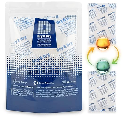 Dry & Dry Orange Indicating(Orange to Dark Green) Mixed Silica Gel Packets - Food Safe Rechargeable Silica Packets Desiccants Silica Gel Packs - White & Orange - 5 Packs (500 Gram)