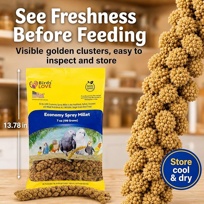 Birds LOVE® Economy Spray Millet for Birds, 7 oz, GMO-Free Natural Bird Treat, Stem-Reduced Millet Tops, USA Grown Spray Millet for Parakeets, Cockatiels, Lovebirds, Finches, Canaries -Pack of 4