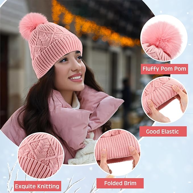 SATINIOR 5 Pcs Winter Hat Scarf Gloves Set Fleece Lined Knit Beanie Hat Warm Touch Screen Gloves Earmuff Warmer for Women(Pink,Chic Style)
