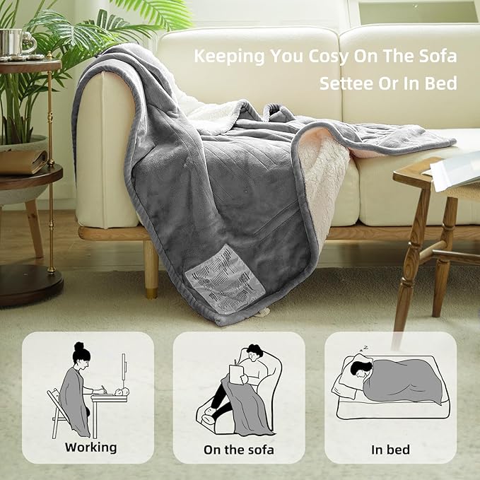 GOTCOZY Heated Throw Blanket, 50''X60'' - Soft Silky Plush Electric Blanket with 4 Heating Levels & 3 Hour Auto Off, ETL Certified, Machine Washable (Grey)