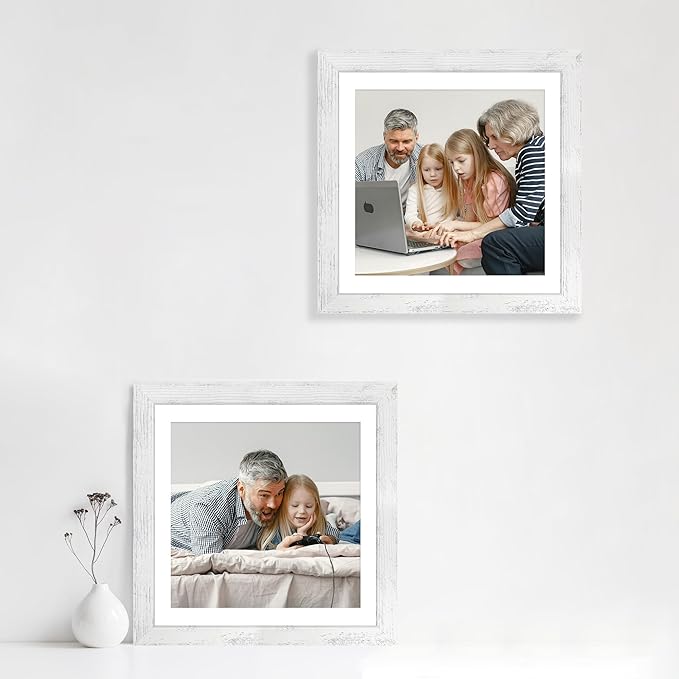 iRahmen 12x12 Picture Frame Set of 4 with Tempered Glass, Display 10x10 Pictures with Mat or 12 x 12 Without Mat, Wooden Photo Frames for Tabletop Display and Wall Mounting