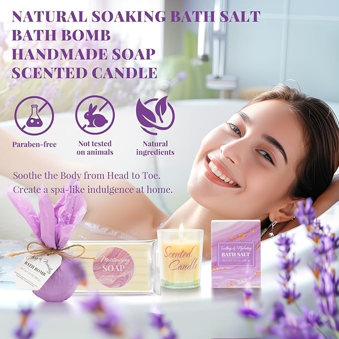 Gift Set for Women Lavender Relaxing Bath and Body Gift Set -- 8Pcs Unique Gift Ideas Birthday Presents for Women, Valentine's Day, Mothers Day, Christmas Presents for Her