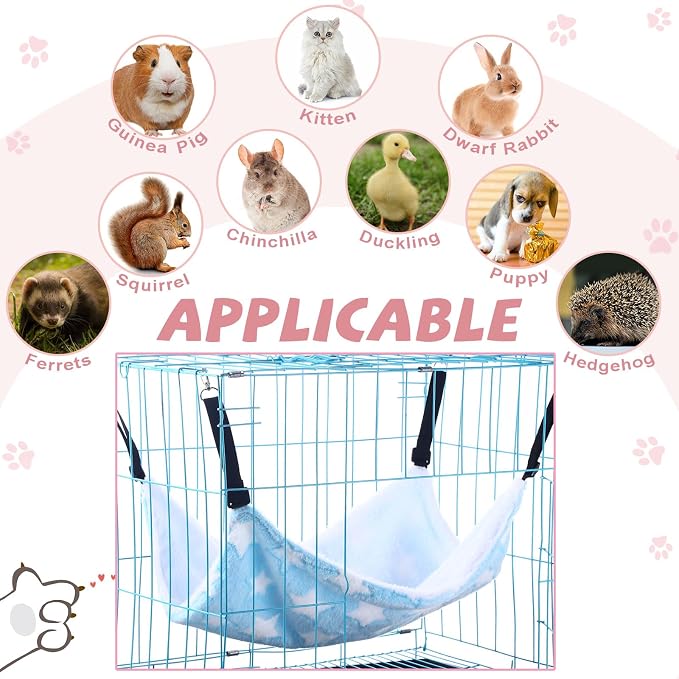 Geelin 4 Pcs Cat Hammock Hanging for Cage Bed, Large Star, 16 x 20 Inch | Reversible Soft Pet Sleeping Hammocks with Adjustable Strap, Metal Hook, for Cat, Ferret, Puppy, Rabbit, Kitten, Small Animal