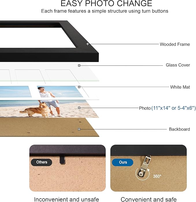 11x14 Picture Frame Set of 2, Black Wood Frame with Real Glass Collage Picture Frames, Display Pictures Five 4x6 With Mat or 11 x 14 Without Mat, Photo Frames Wall Gallery