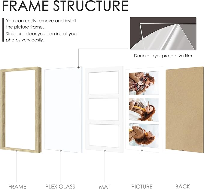 8x16 Collage Picture Frame 5x7 Collage Picture Frame Displays Three 5x7 inch Photos or 8x16 (Without Mat) for Available Horizontal Wall Mounting Display and Vertical Wood Color
