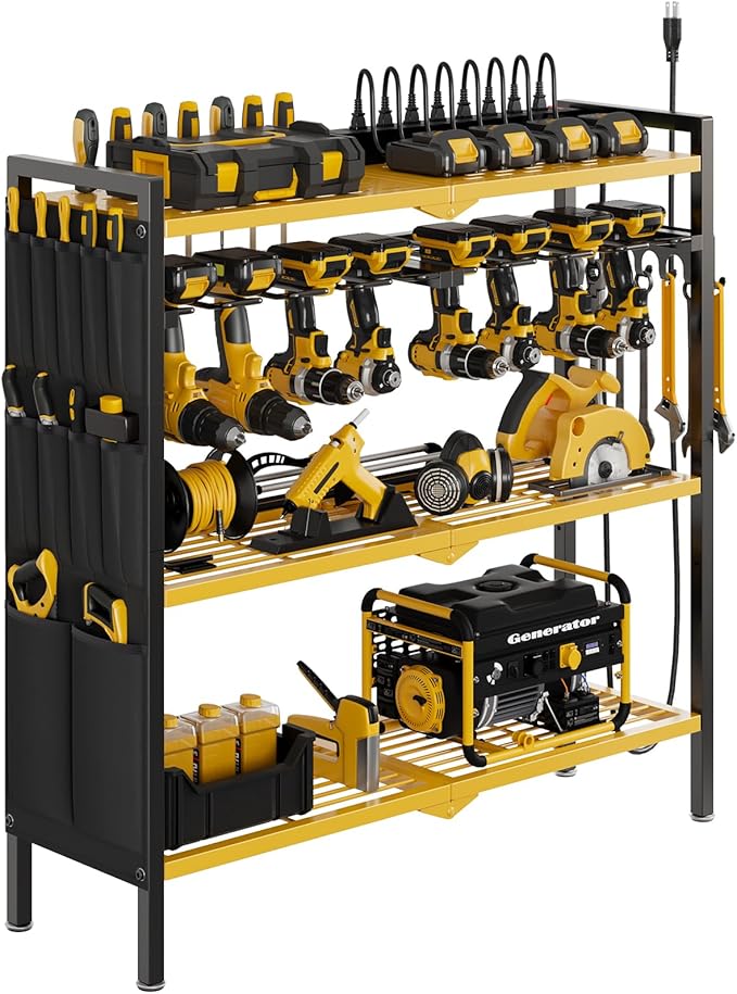 Large Power Tool Organizer Cart with Charging Station 8 Drill Holder Garage Storage Standing Heavy Duty and Stability Storage Rack Utility Tool Shelf (Yellow)