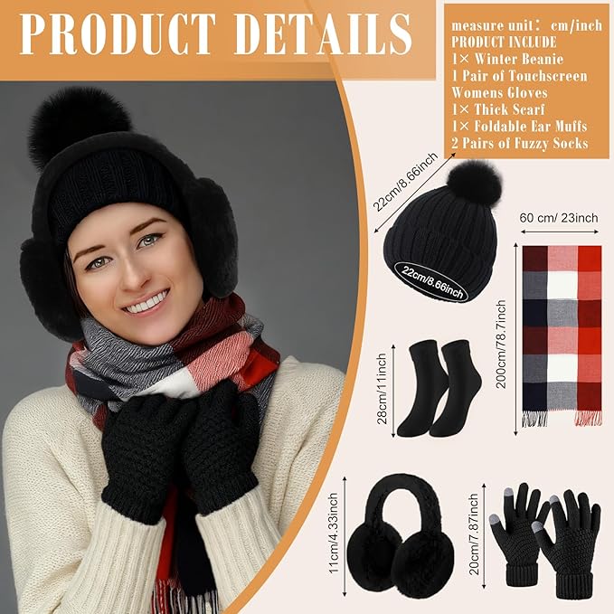 Geyoga 6 Pcs Winter Hat Scarf Gloves Set Knitted Touchscreen Gloves Plaid Scarf Earmuffs Socks Gift for Women Men