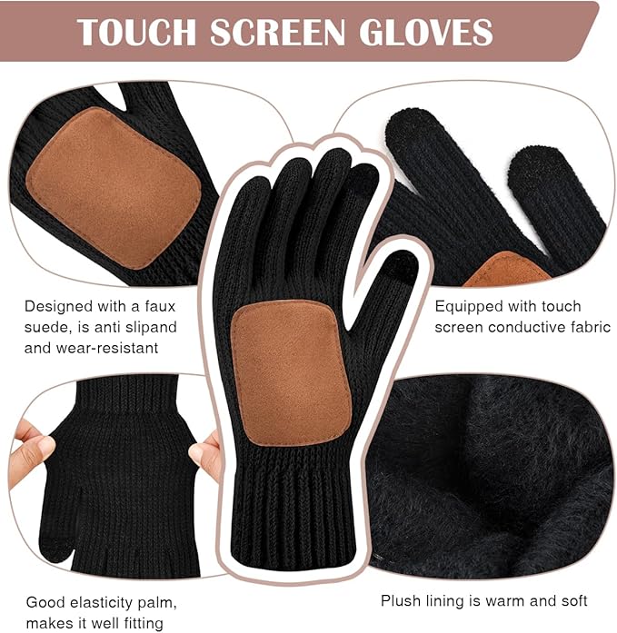 Womens Winter Beanie Hat Gloves Set,Fleece Lined Warm Knit Pom Pom Ski Hat Touchscreen Gloves Set Gifts for Cold Weather
