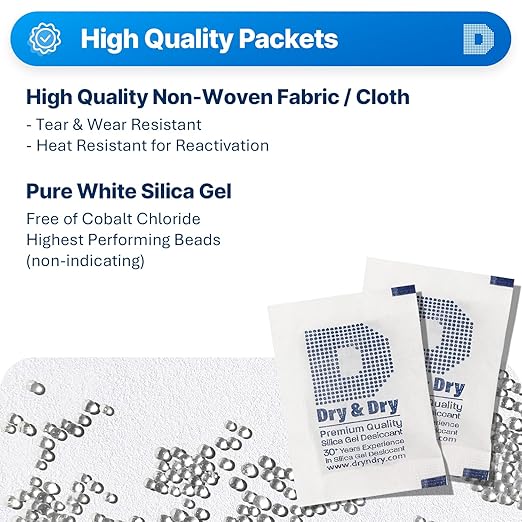 Dry & Dry 5 Gram [55 Packets] Silica Gel Packets, Desiccants - Rechargeable Fabric Silica Gel Packs, Silica Gel, Silica Packets, Desiccant Packs for Storage