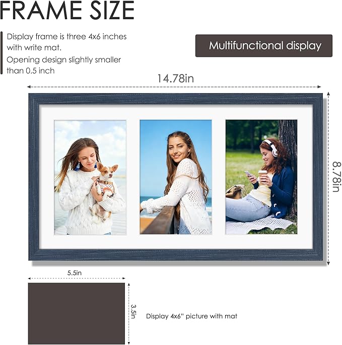 8x14 Collage Picture Frame 4x6 Collage Picture Frame Displays Three 4x6 inch Photos or 8x14 (Without Mat) for Available Horizontal Wall Mounting Display and Vertical Navy Blue
